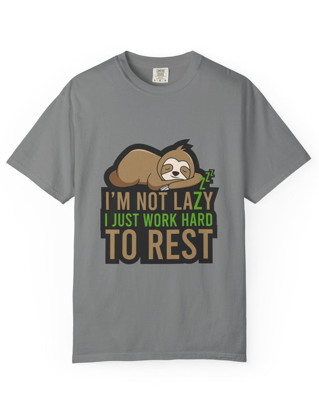 UtopiTees grey funny graphic t-shirt – sloth sleeping with I'm Not Lazy I Just Work Hard To Rest slogan