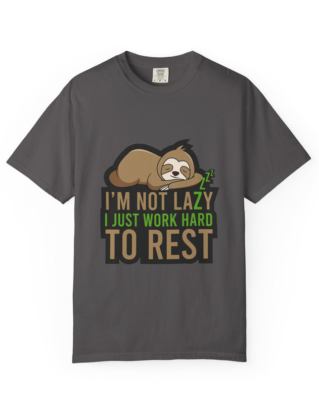 UtopiTees dark grey funny graphic t-shirt – sloth sleeping with I'm Not Lazy I Just Work Hard To Rest slogan