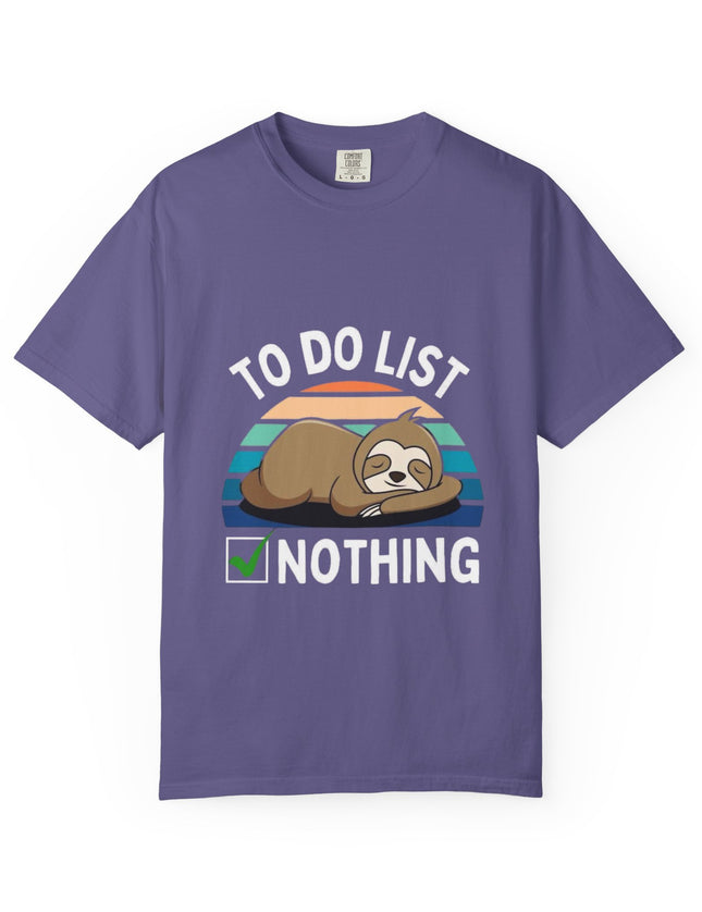 UtopiTees purple graphic t-shirt – sloth sleeping with To Do List Nothing slogan and retro sunset design