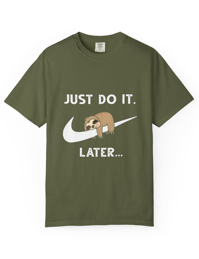 UtopiTees green graphic t-shirt – sloth on swoosh with Just Do It Later slogan