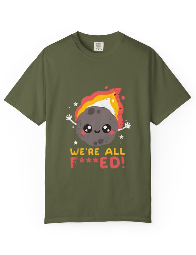 UtopiTees funny sarcastic green graphic t-shirt – cute cartoon asteroid with We're All F***ed slogan