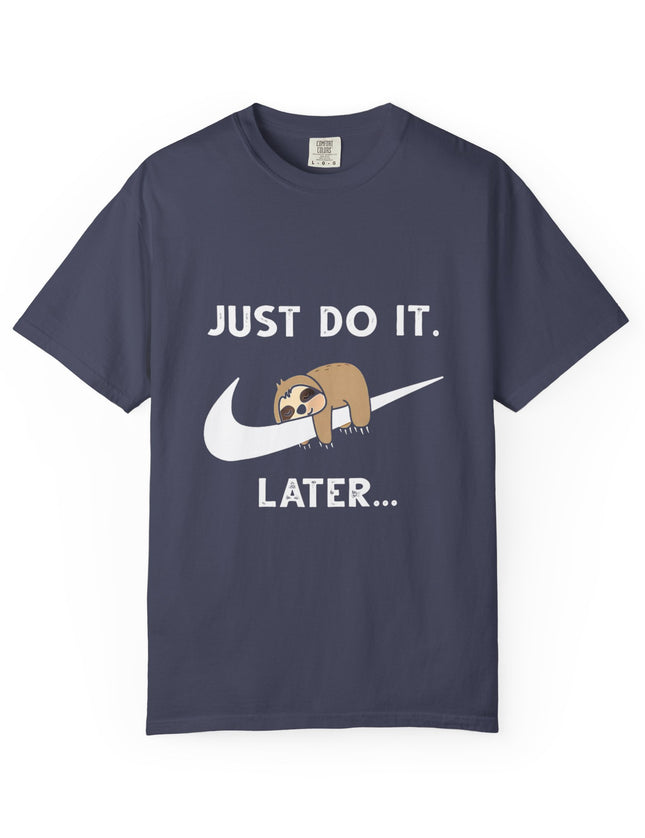 UtopiTees navy blue graphic t-shirt – sloth on swoosh with Just Do It Later slogan