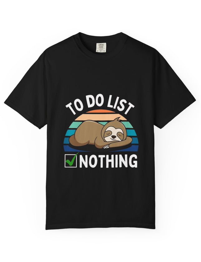 UtopiTees black graphic t-shirt – sloth sleeping with To Do List Nothing slogan and retro sunset design