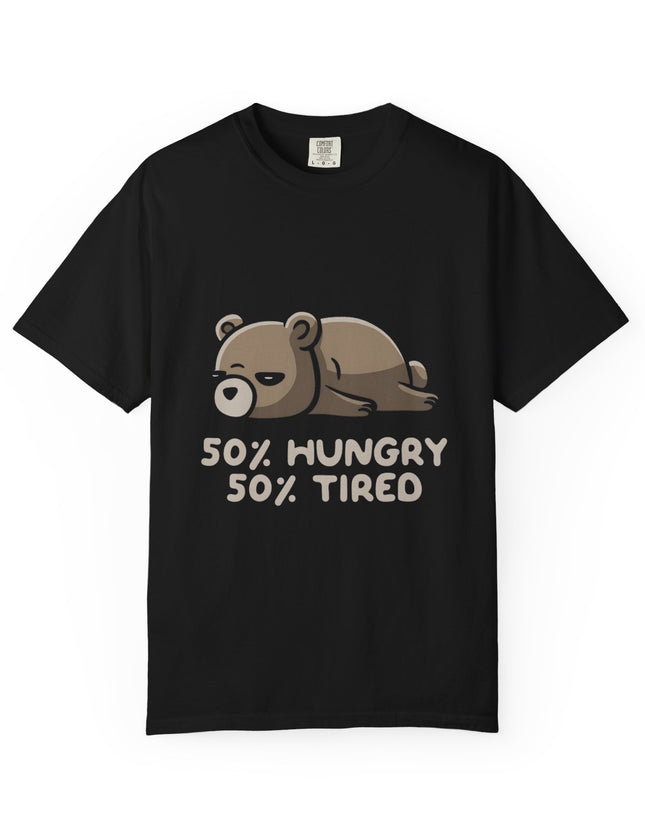 UtopiTees black graphic t-shirt – lazy bear cartoon with 50% hungry 50% tired slogan