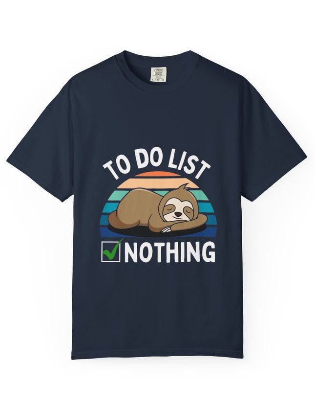 UtopiTees navy blue graphic t-shirt – sloth sleeping with To Do List Nothing slogan and retro sunset design
