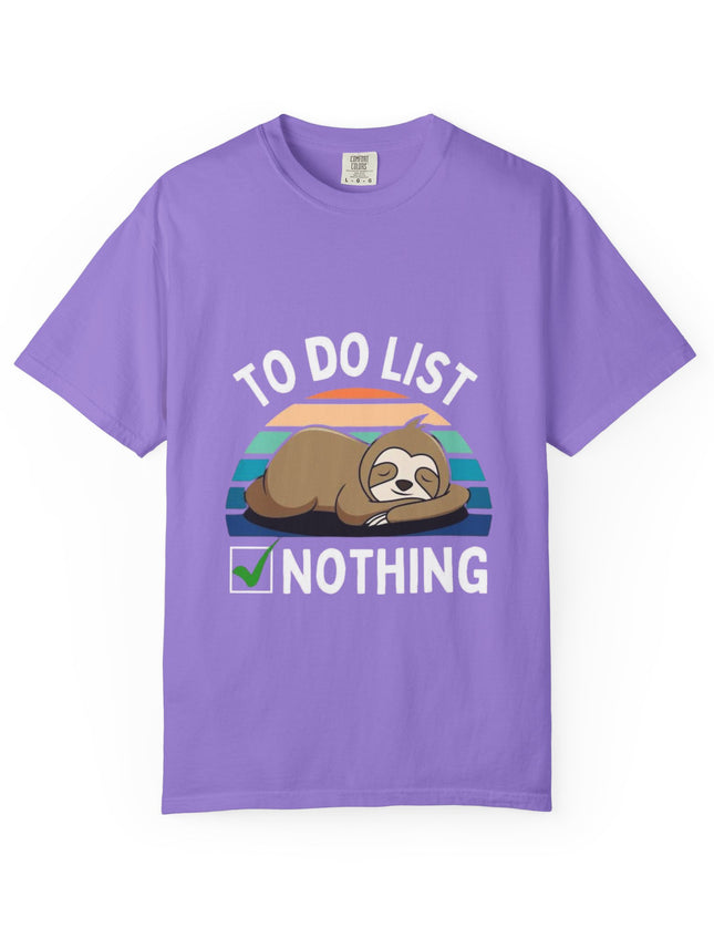 UtopiTees purple graphic t-shirt – sloth sleeping with To Do List Nothing slogan and retro sunset desig