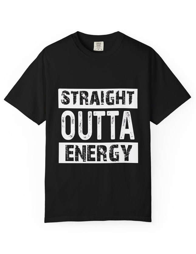 UtopiTees black graphic t-shirt – bold white text Straight Outta Energy slogan