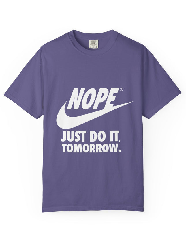 UtopiTees funny sarcastic purple graphic t-shirt – Nike parody Nope Just Do It Tomorrow tee with bold white text and swoosh design