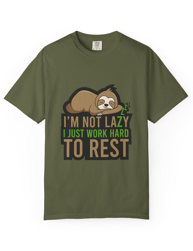 UtopiTees green funny graphic t-shirt – sloth sleeping with I'm Not Lazy I Just Work Hard To Rest slogan