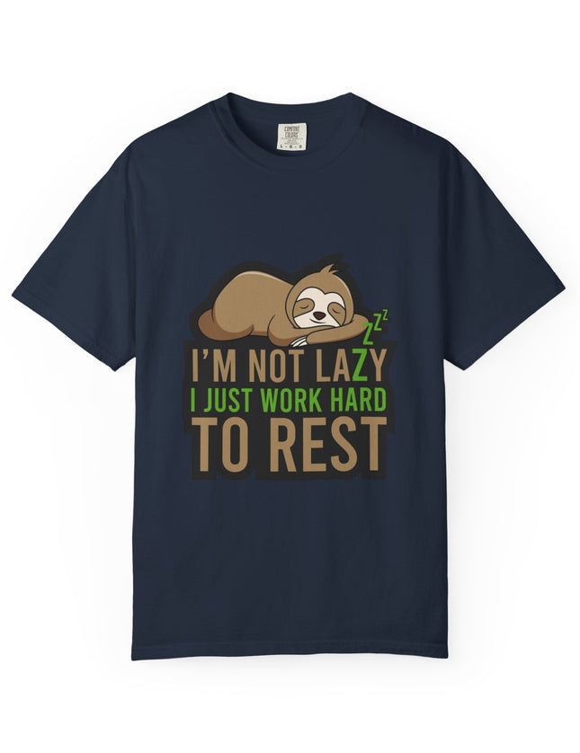 UtopiTees navy blue funny graphic t-shirt – sloth sleeping with I'm Not Lazy I Just Work Hard To Rest slogan