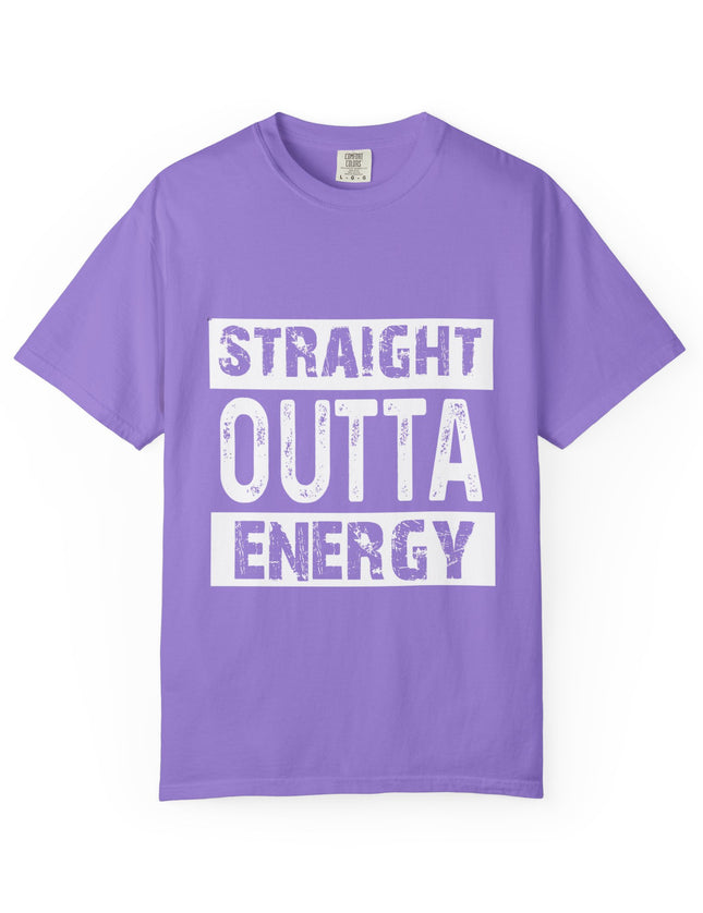 UtopiTees purple graphic t-shirt – bold white text Straight Outta Energy slogan