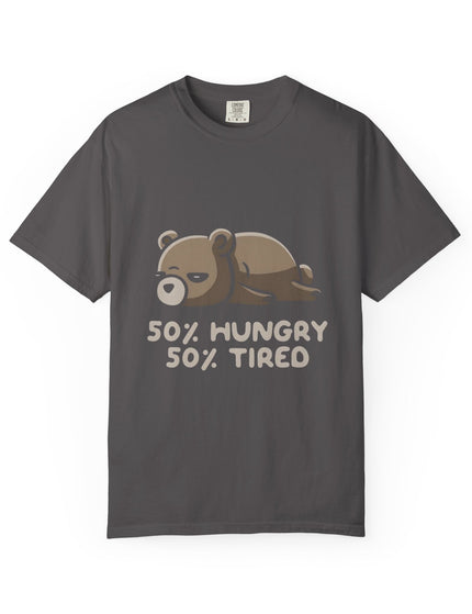 UtopiTees grey graphic t-shirt – lazy bear cartoon with 50% hungry 50% tired slogan