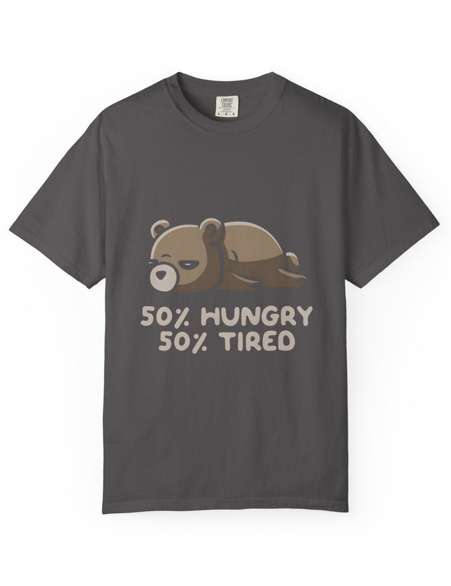 UtopiTees grey graphic t-shirt – lazy bear cartoon with 50% hungry 50% tired slogan