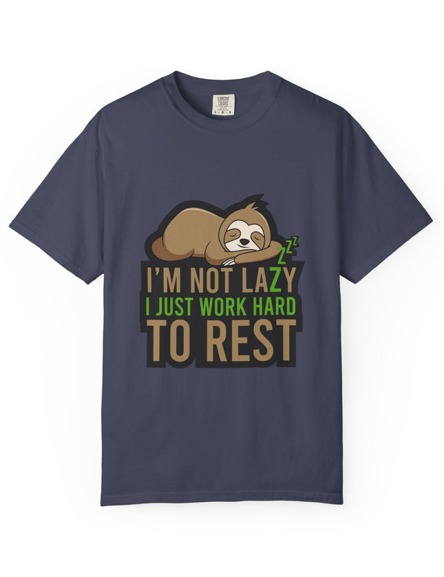 UtopiTees dark grey funny graphic t-shirt – sloth sleeping with I'm Not Lazy I Just Work Hard To Rest slogan