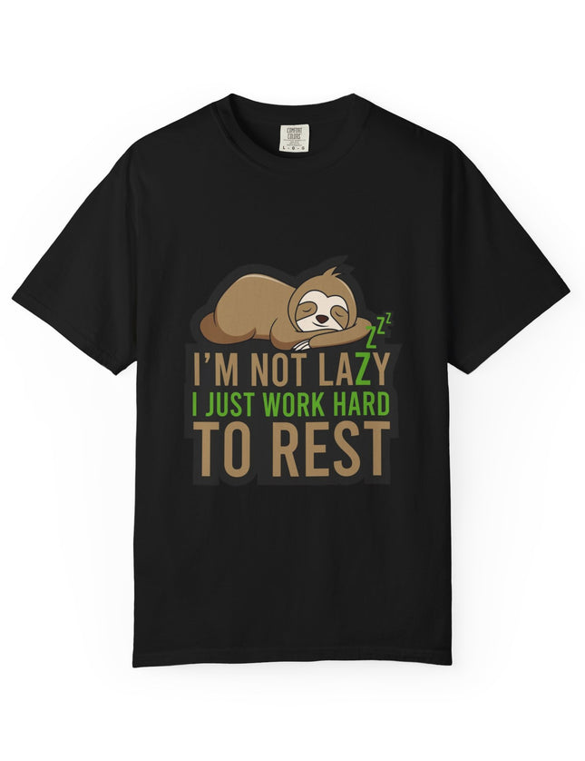 UtopiTees black funny graphic t-shirt – sloth sleeping with I'm Not Lazy I Just Work Hard To Rest slogan