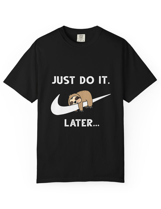 UtopiTees black graphic t-shirt – sloth on swoosh with Just Do It Later slogan