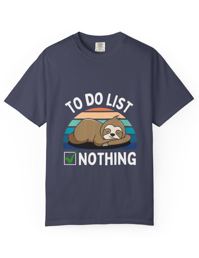 UtopiTees navy blue graphic t-shirt – sloth sleeping with To Do List Nothing slogan and retro sunset design