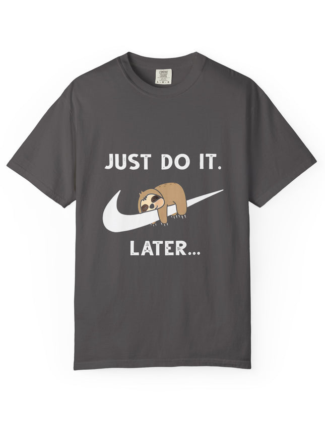 UtopiTees grey graphic t-shirt – sloth on swoosh with Just Do It Later slogan