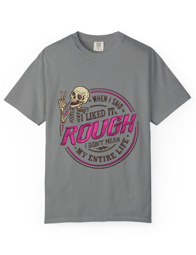 UtopiTees funny sarcastic grey graphic t-shirt – skeleton with peace sign and rough life slogan