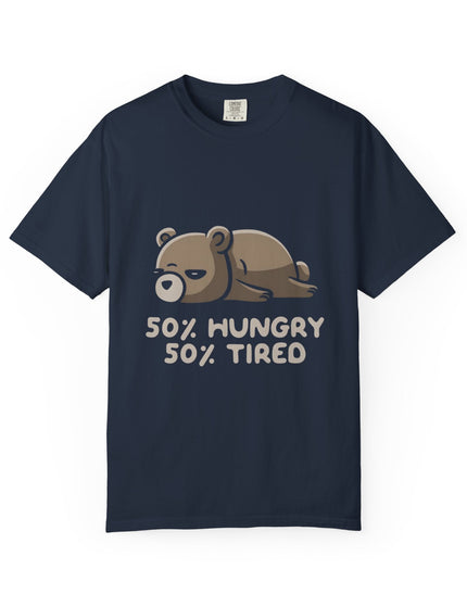 UtopiTees navy blue graphic t-shirt – lazy bear cartoon with 50% hungry 50% tired slogan