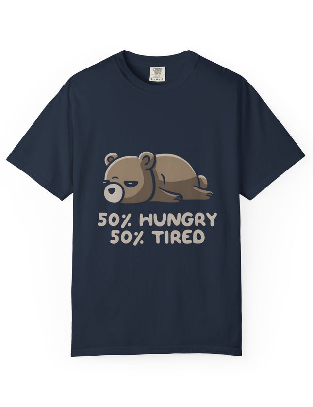 UtopiTees navy blue graphic t-shirt – lazy bear cartoon with 50% hungry 50% tired slogan