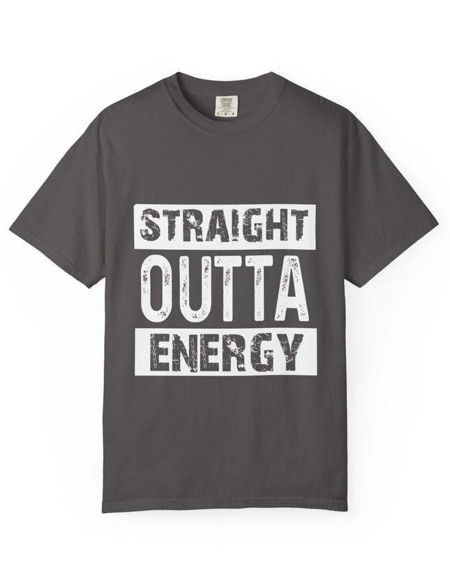 UtopiTees grey graphic t-shirt – bold white text Straight Outta Energy slogan