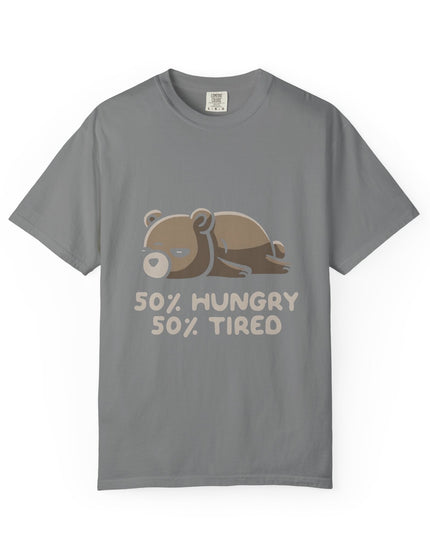 UtopiTees grey graphic t-shirt – lazy bear cartoon with 50% hungry 50% tired slogan