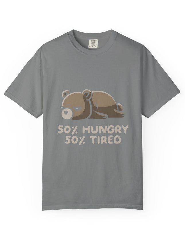 UtopiTees grey graphic t-shirt – lazy bear cartoon with 50% hungry 50% tired slogan