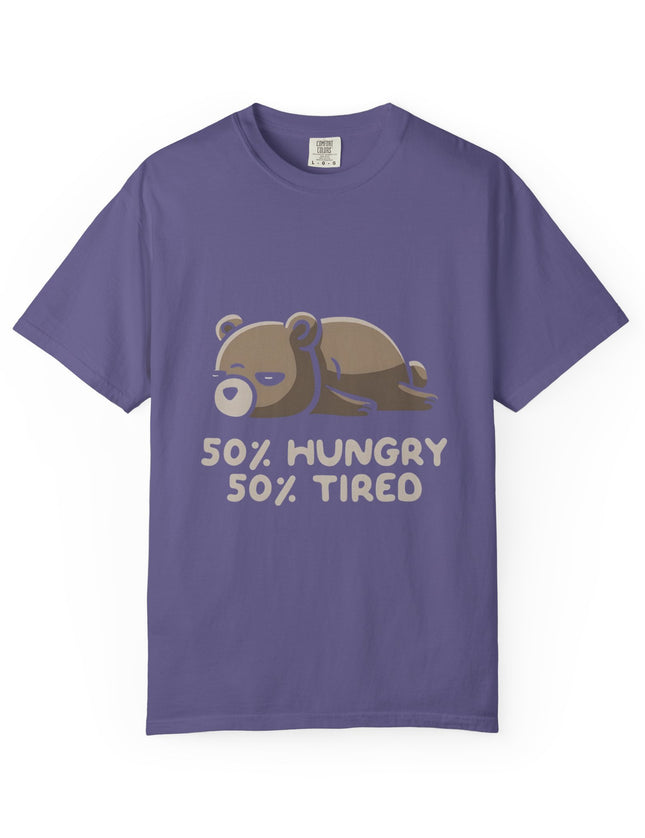 UtopiTees purple graphic t-shirt – lazy bear cartoon with 50% hungry 50% tired slogan
