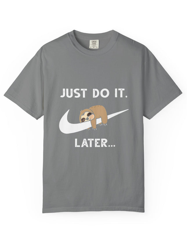 UtopiTees grey graphic t-shirt – sloth on swoosh with Just Do It Later slogan