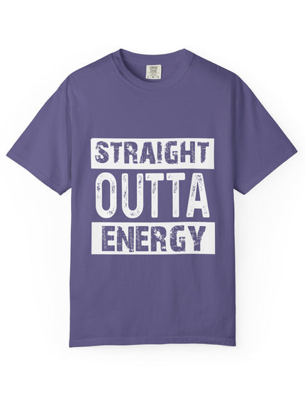 UtopiTees purple graphic t-shirt – bold white text Straight Outta Energy slogan