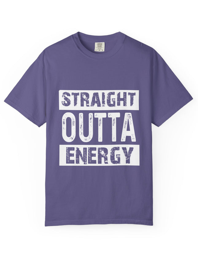 UtopiTees purple graphic t-shirt – bold white text Straight Outta Energy slogan