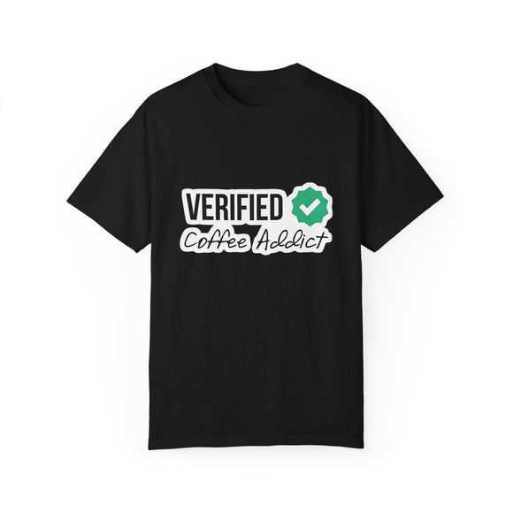 UtopiTees funny coffee graphic t-shirt – novelty Verified Coffee Addict black tee