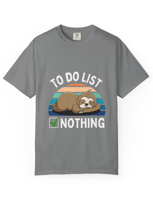 UtopiTees grey graphic t-shirt – sloth sleeping with To Do List Nothing slogan and retro sunset design
