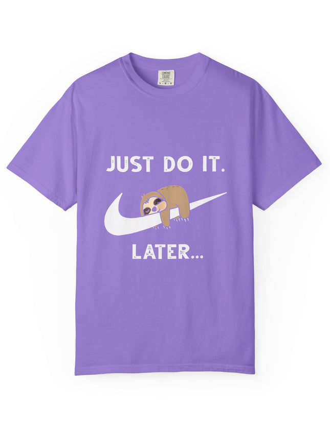 UtopiTees purple graphic t-shirt – sloth on swoosh with Just Do It Later slogan