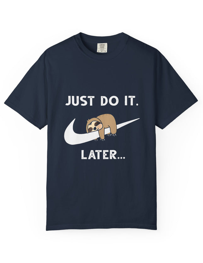 UtopiTees navy blue graphic t-shirt – sloth on swoosh with Just Do It Later slogan