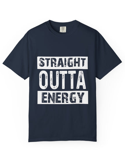 UtopiTees navy graphic t-shirt – bold white text Straight Outta Energy slogan