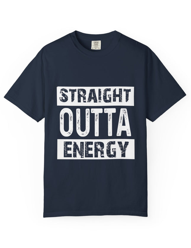 UtopiTees navy graphic t-shirt – bold white text Straight Outta Energy slogan