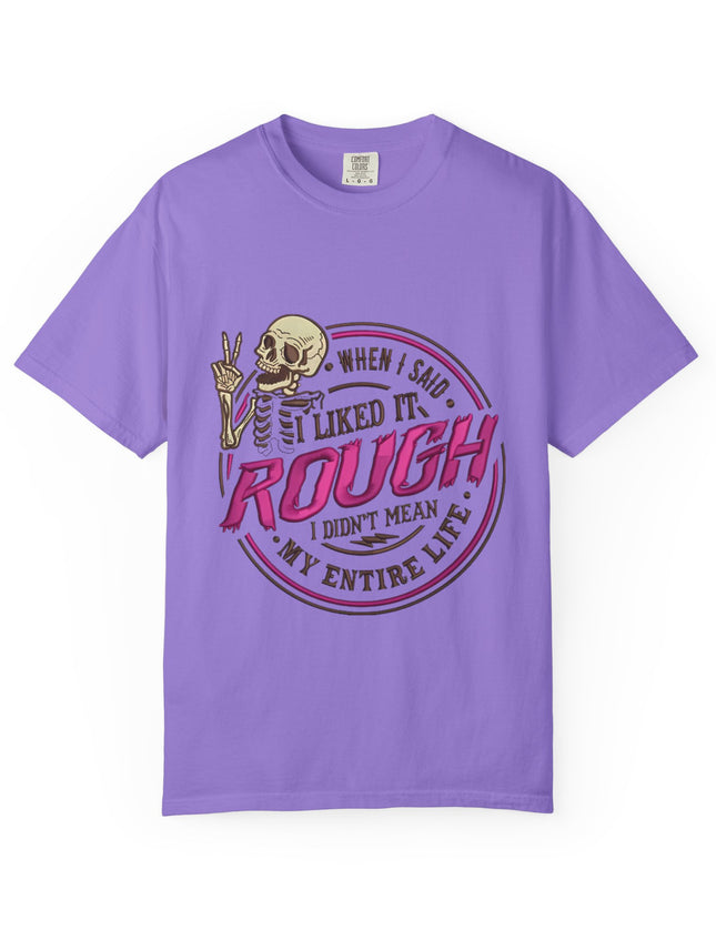 UtopiTees funny sarcastic purple graphic t-shirt – skeleton with peace sign and rough life slogan