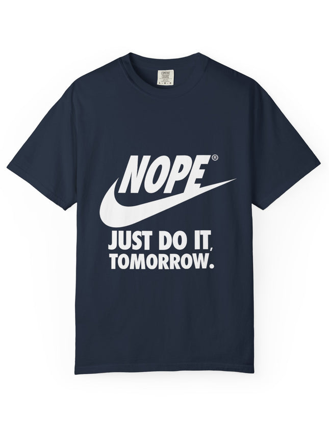 UtopiTees funny sarcastic navy blue graphic t-shirt – Nike parody Nope Just Do It Tomorrow tee with bold white text and swoosh design