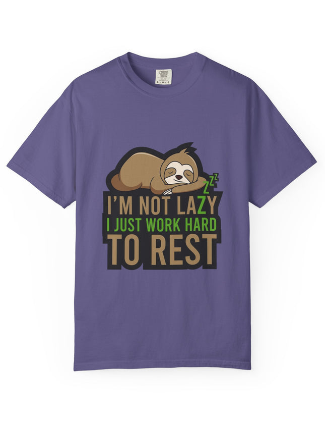 UtopiTees purple funny graphic t-shirt – sloth sleeping with I'm Not Lazy I Just Work Hard To Rest slogan