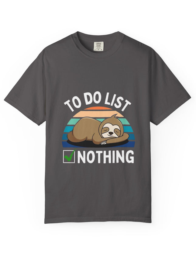 UtopiTees grey graphic t-shirt – sloth sleeping with To Do List Nothing slogan and retro sunset design