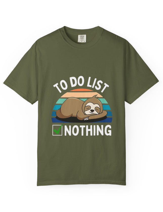 UtopiTees green graphic t-shirt – sloth sleeping with To Do List Nothing slogan and retro sunset design