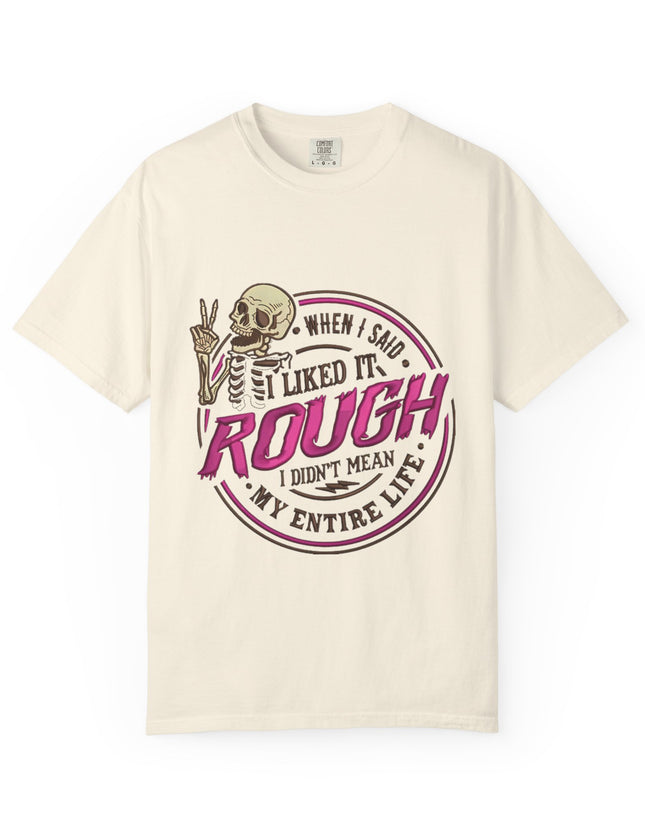 UtopiTees funny sarcastic beige graphic t-shirt – skeleton with peace sign and rough life slogan