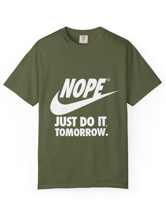 UtopiTees funny sarcastic green graphic t-shirt – Nike parody Nope Just Do It Tomorrow tee with bold white text and swoosh design