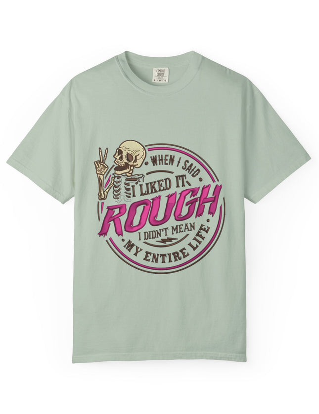 UtopiTees funny sarcastic light green graphic t-shirt – skeleton with peace sign and rough life slogan