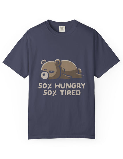 UtopiTees navy blue graphic t-shirt – lazy bear cartoon with 50% hungry 50% tired slogan