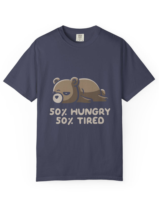 UtopiTees navy blue graphic t-shirt – lazy bear cartoon with 50% hungry 50% tired slogan