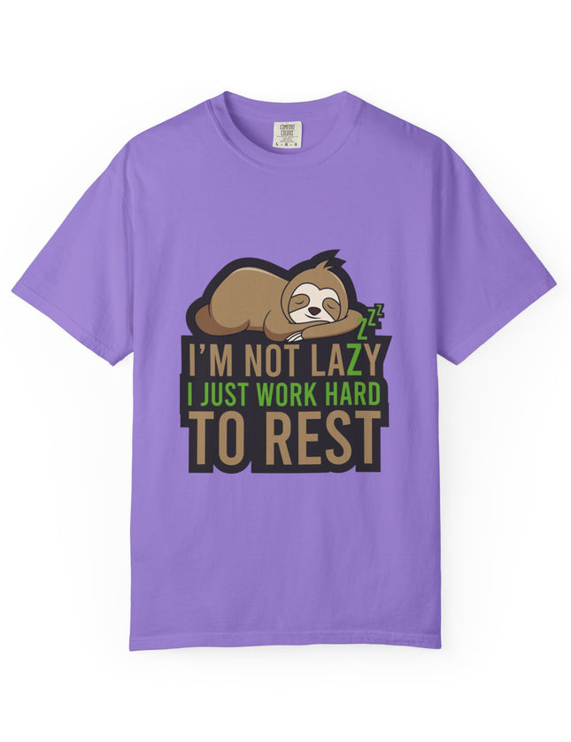 UtopiTees purple funny graphic t-shirt – sloth sleeping with I'm Not Lazy I Just Work Hard To Rest slogan