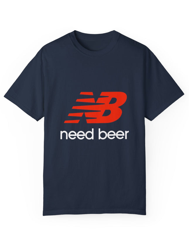 UtopiTees funny drinking graphic t-shirt – NB parody Need Beer tee in navy blue with bold red logo design